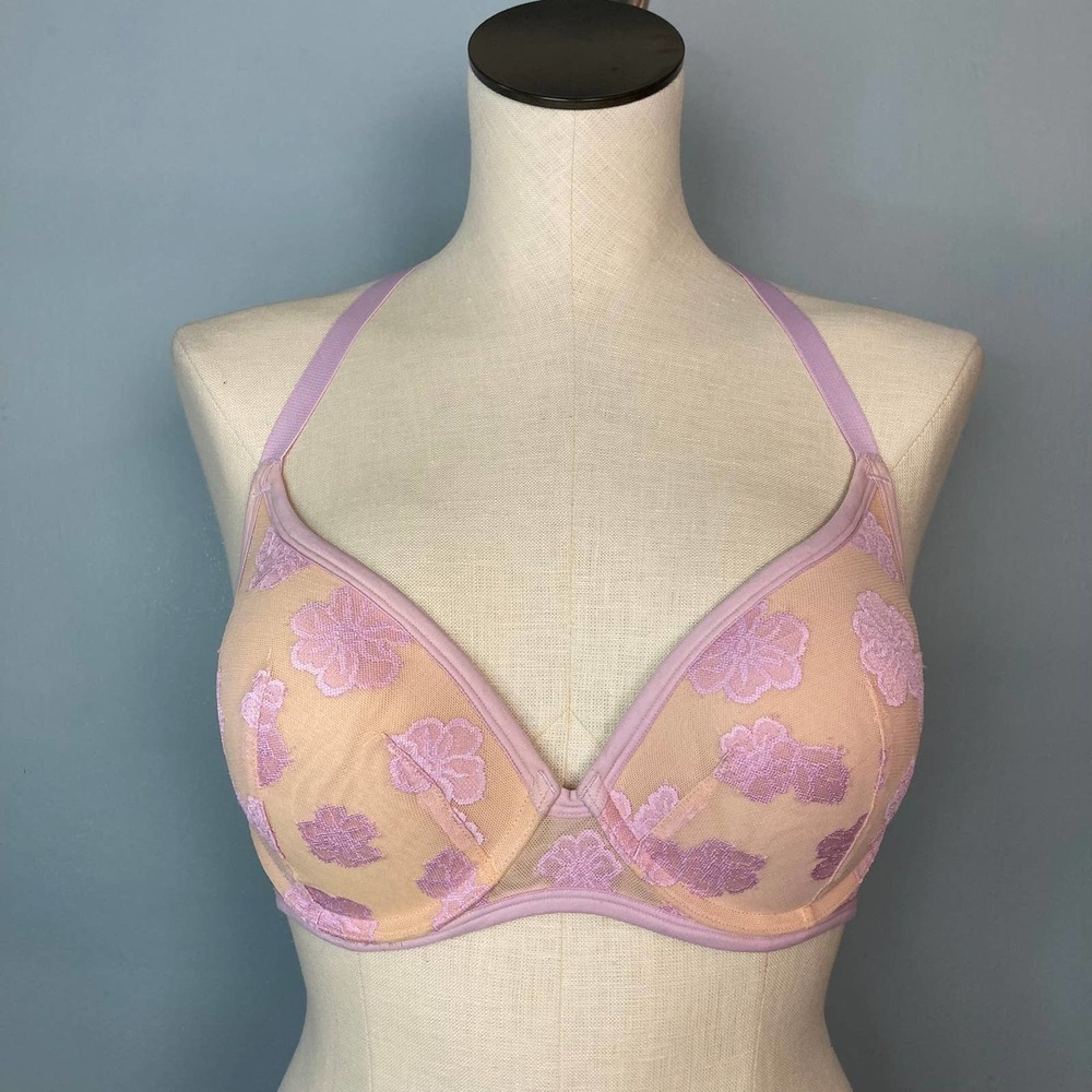 PINK Victoria's Secret Purple Beige Lightly Lined Hibiscus Underwire Bra 34DD
